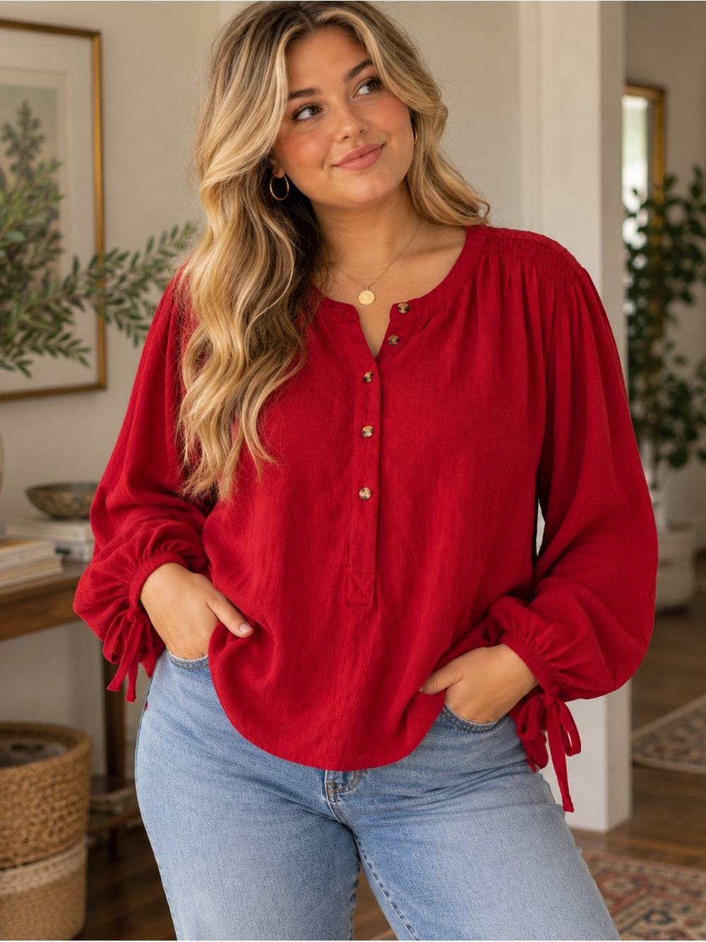 Simply Southern XXL Red Corduroy-look Henley Blouse Tie Sleeve Boho Top Holiday